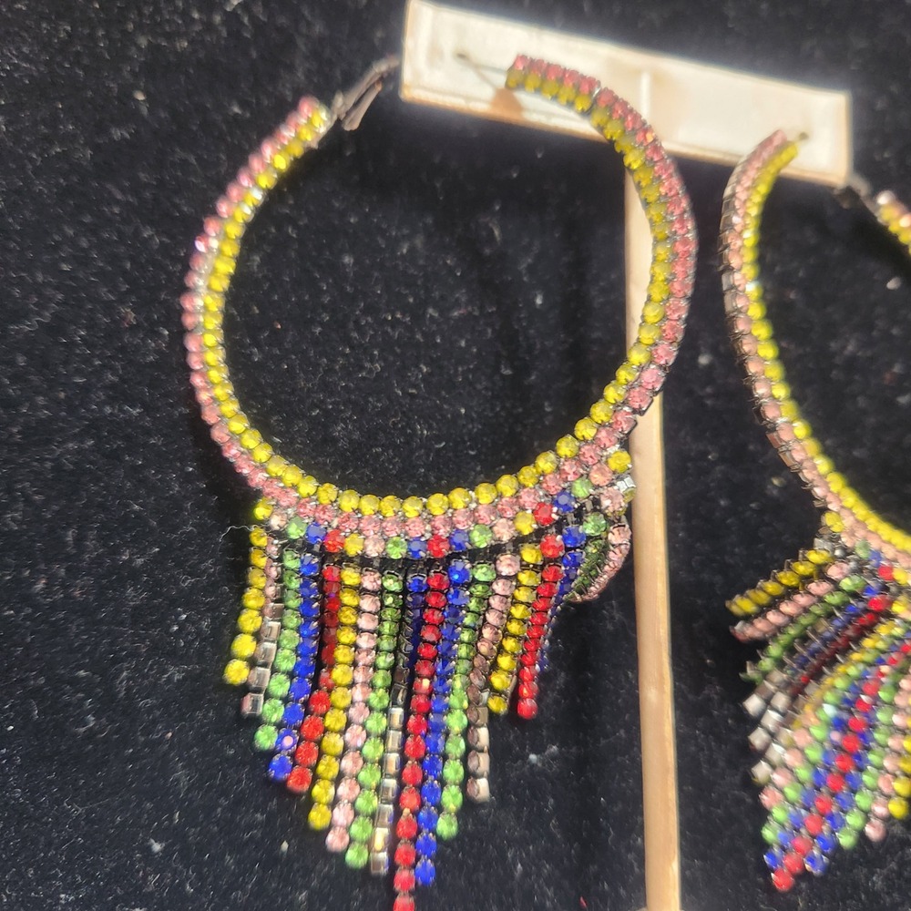 Multi Color Rhinestone Fringe Hoop Earrings Rainbow Crystal Tassel Statement - Picture 4 of 11